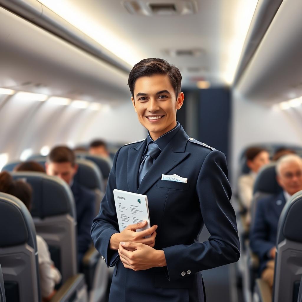 A stylish aviation steward in a modern airline setting, wearing a smart navy blue uniform with silver accents, standing confidently with a welcoming smile