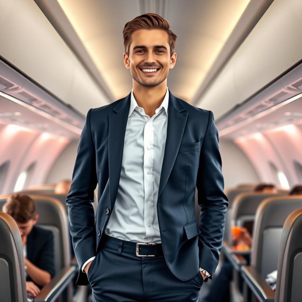 A stylish aviation steward standing confidently in a modern airplane cabin