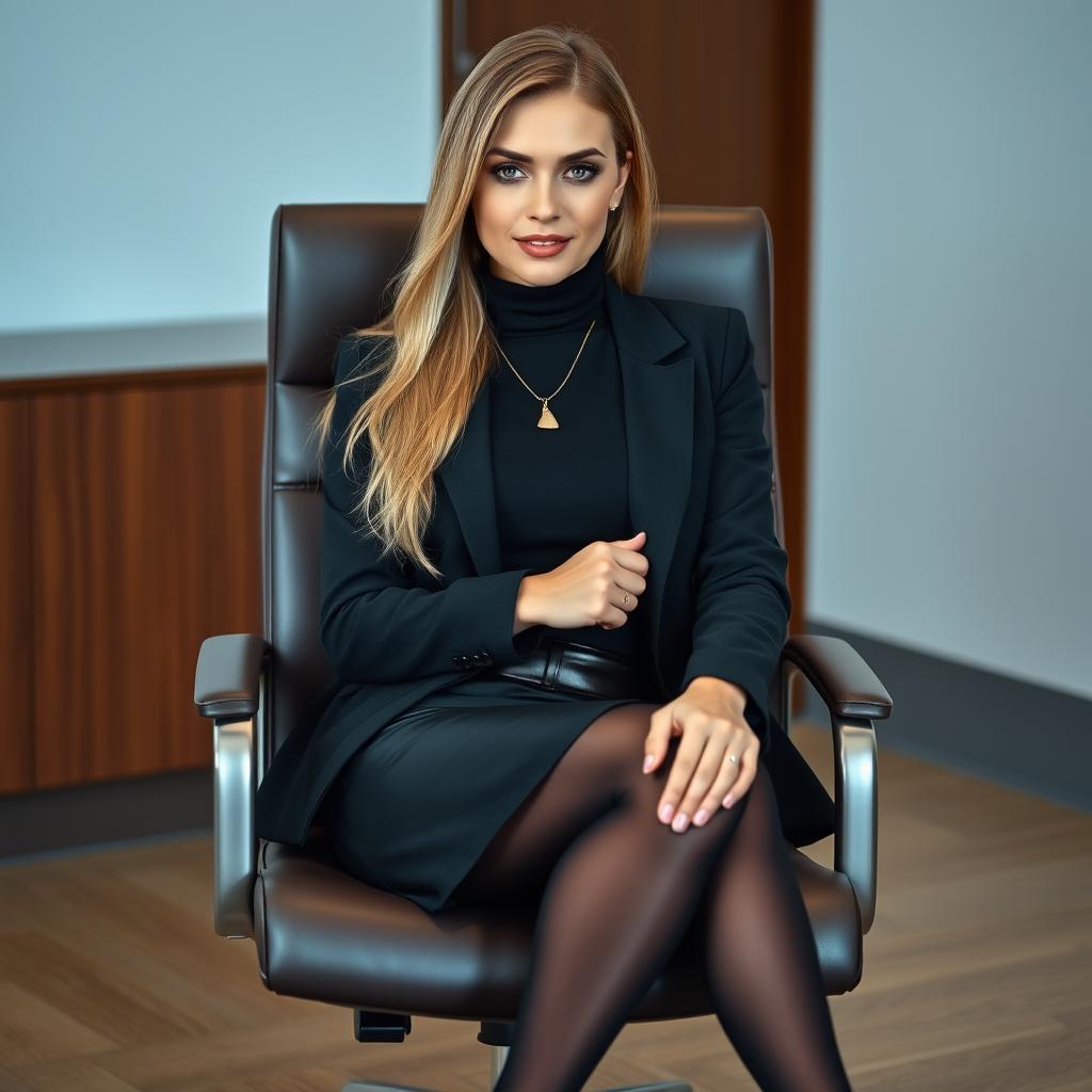 A stunning portrait of a beautiful young lawyer seated confidently in an office chair