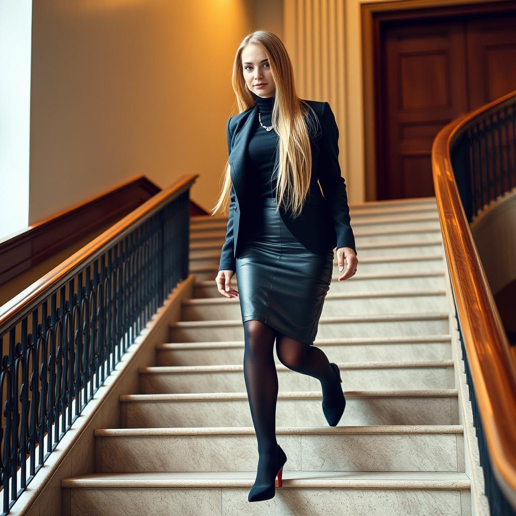 A beautiful young female lawyer dressed in a black fitted jacket over a black long-sleeved turtleneck and a sleek leather pencil skirt