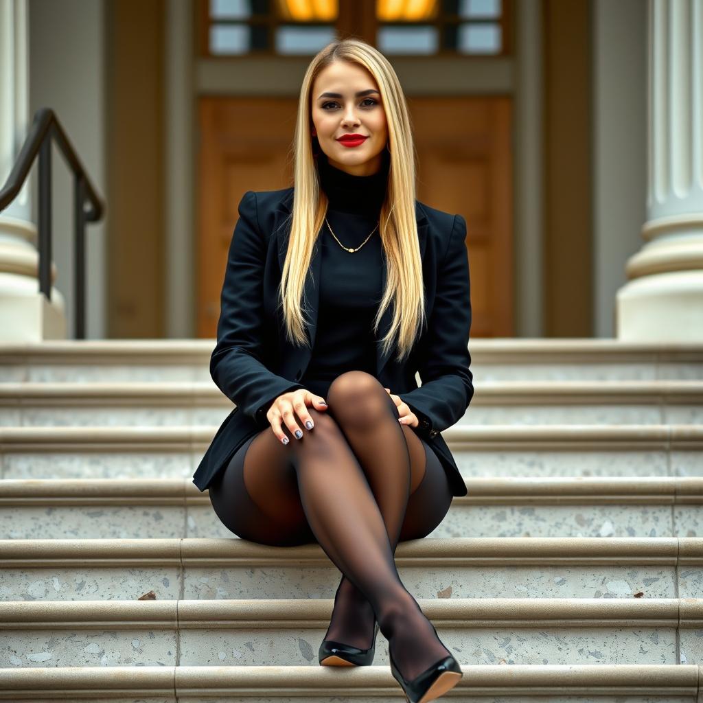 A beautiful young lawyer seated on the stairs of a courthouse, exuding professionalism and elegance