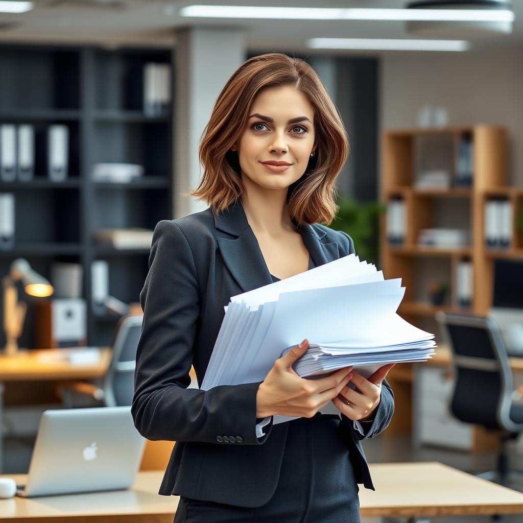 An office woman holding a stack of paperwork, dressed in a stylish business attire, with a confident expression