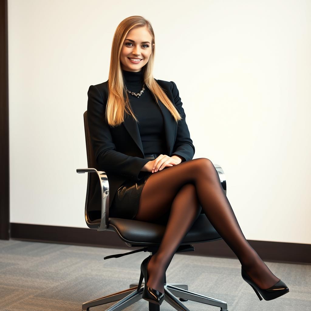 A beautiful young lawyer seated elegantly on an office chair, wearing a black fitted jacket paired with a long-sleeved black turtleneck and a stylish leather pencil skirt