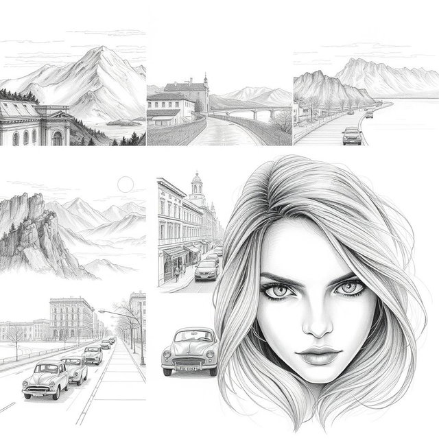 A collection of beautiful pencil drawings depicting various subjects, such as landscapes, cityscapes, and portraits