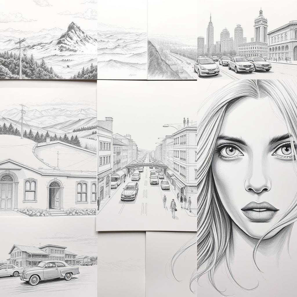 A collection of beautiful pencil drawings depicting various subjects, such as landscapes, cityscapes, and portraits