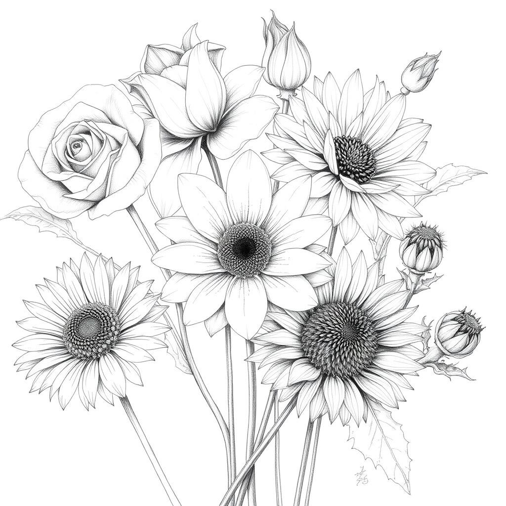 Intricate pencil drawings of various types of flowers, showcasing detailed petals and leaves
