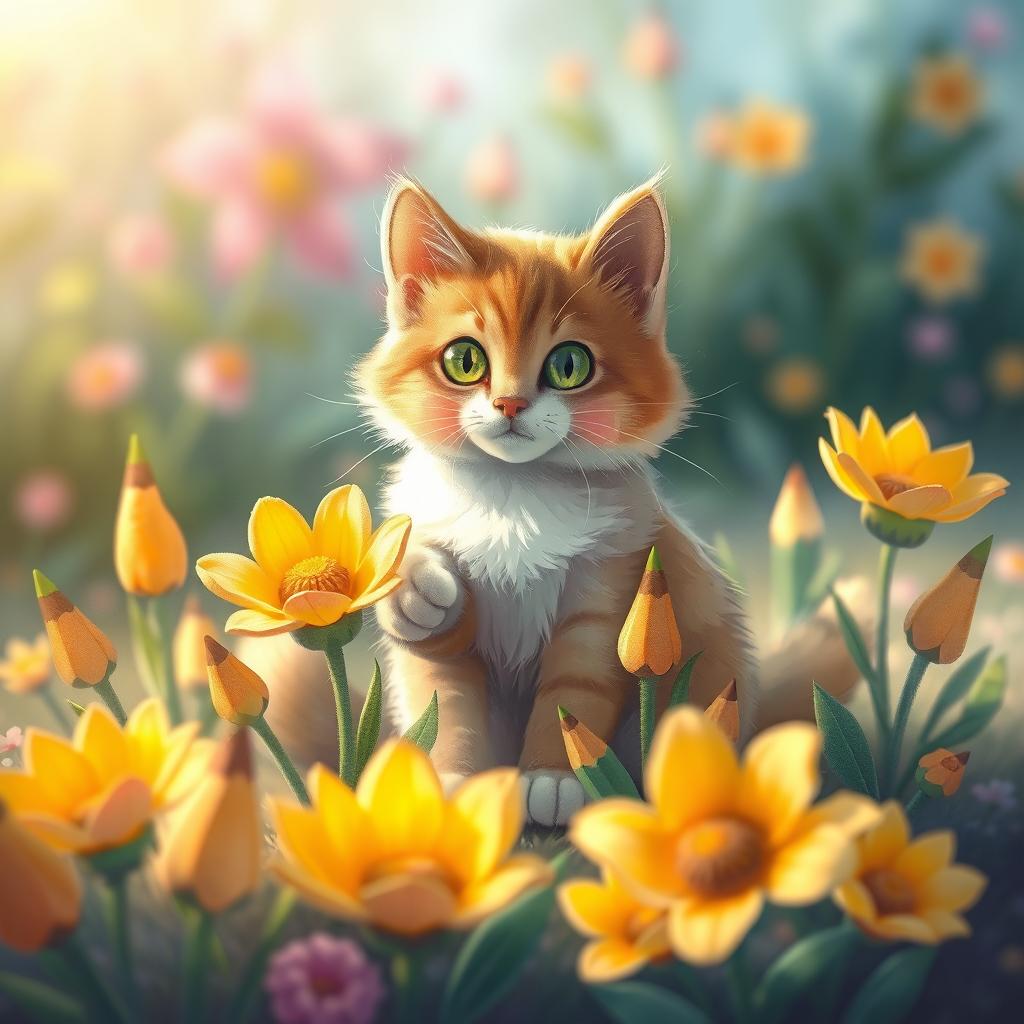 A whimsical illustration featuring a cat sitting among blooming pencil-shaped flowers, the flowers are colorful and vibrant, with detailed pencil textures, softly glowing in the sunlight
