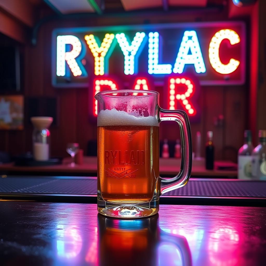 A black bar with a frosty pitcher of beer placed prominently on it