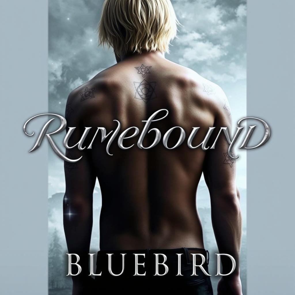 A striking fantasy book cover featuring the title "RUNEBOUND" elegantly crafted in silver cursive lettering that artistically overlays a male figure with his bare back facing the viewer
