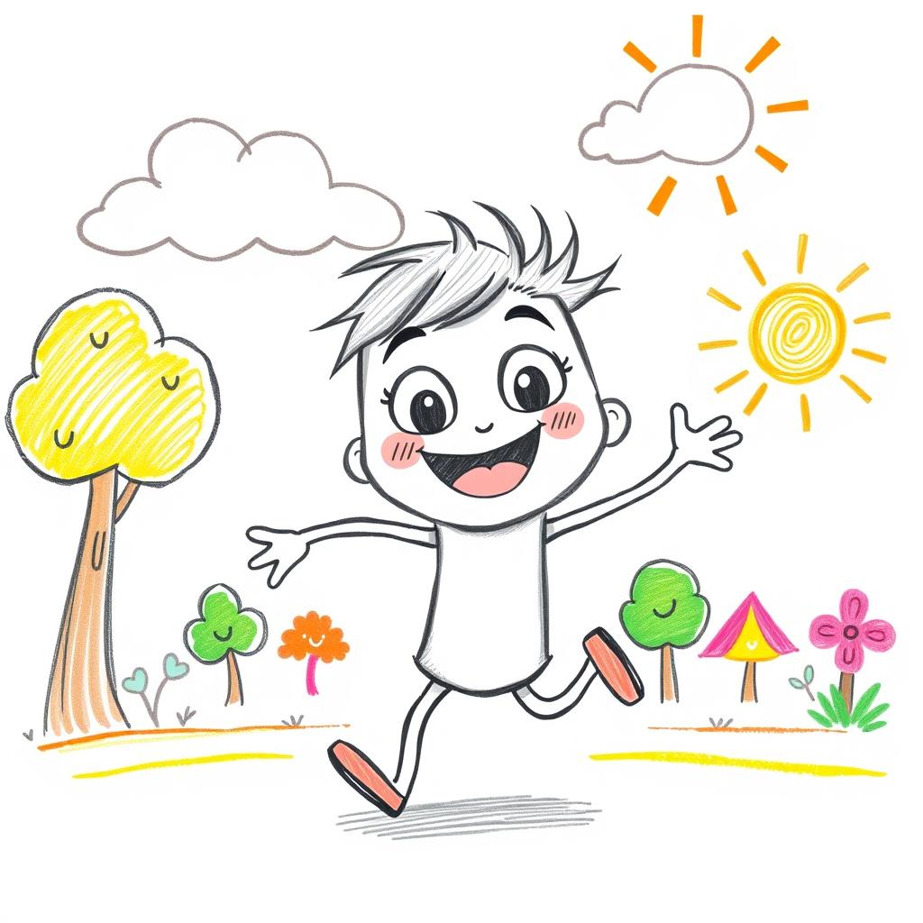 A playful and whimsical pencil cartoon showcasing a happy character with oversized features