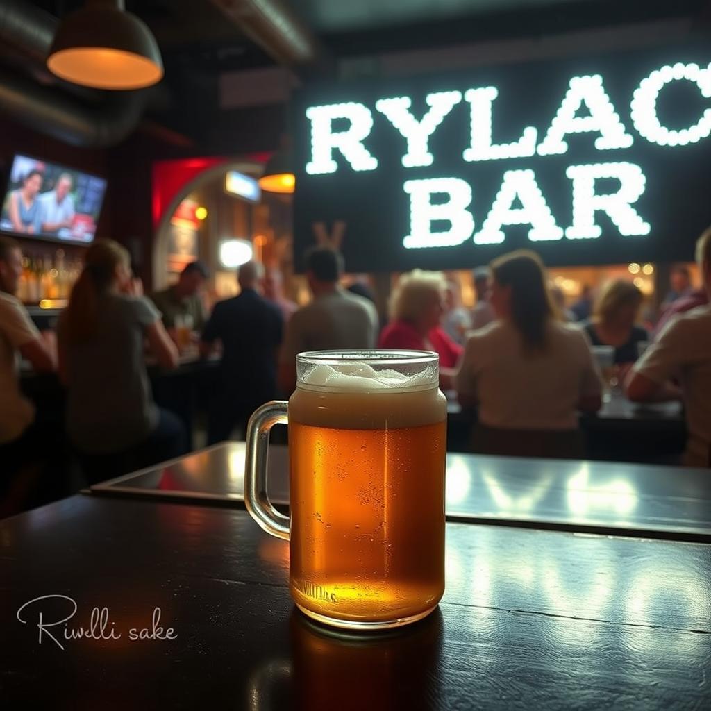 A black bar with a frothy jar of beer sitting prominently in the foreground