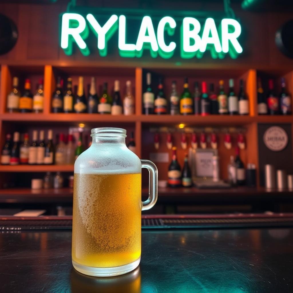 A black bar counter with a frosted glass jug of beer sitting on it