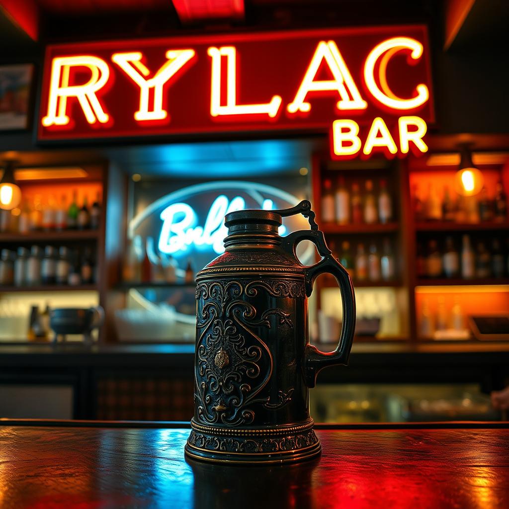 A vintage beer jug placed on a black bar counter in a cozy pub setting