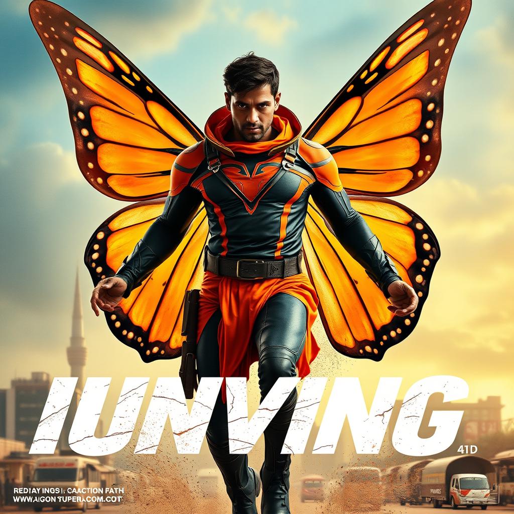 A cinematic superhero action movie poster featuring a 27-year-old Indian man as a mutant superhero