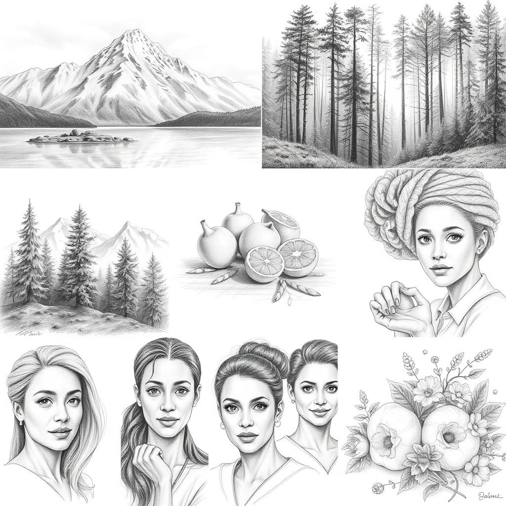 A series of detailed pencil drawings showcasing various subjects such as landscapes, portraits, and still life