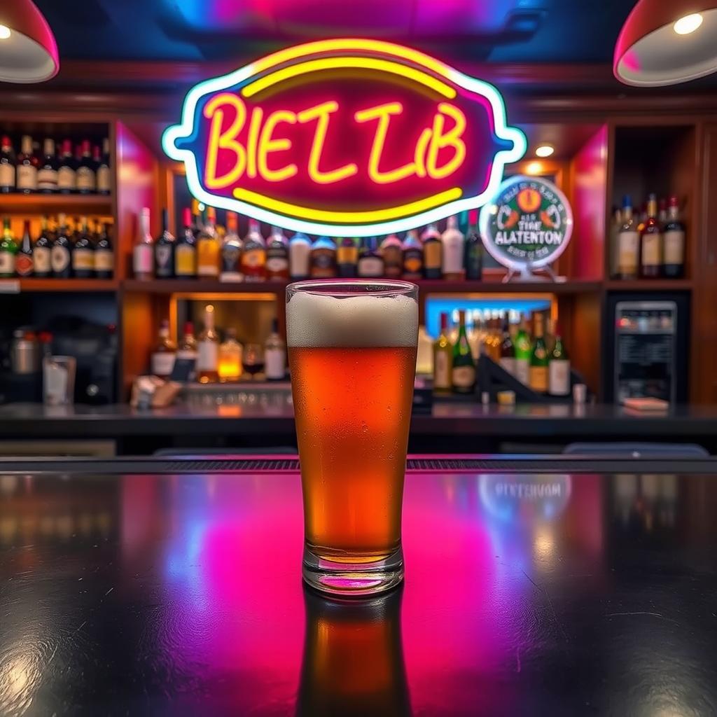 A black bar counter with a frothy glass of beer prominently displayed on it