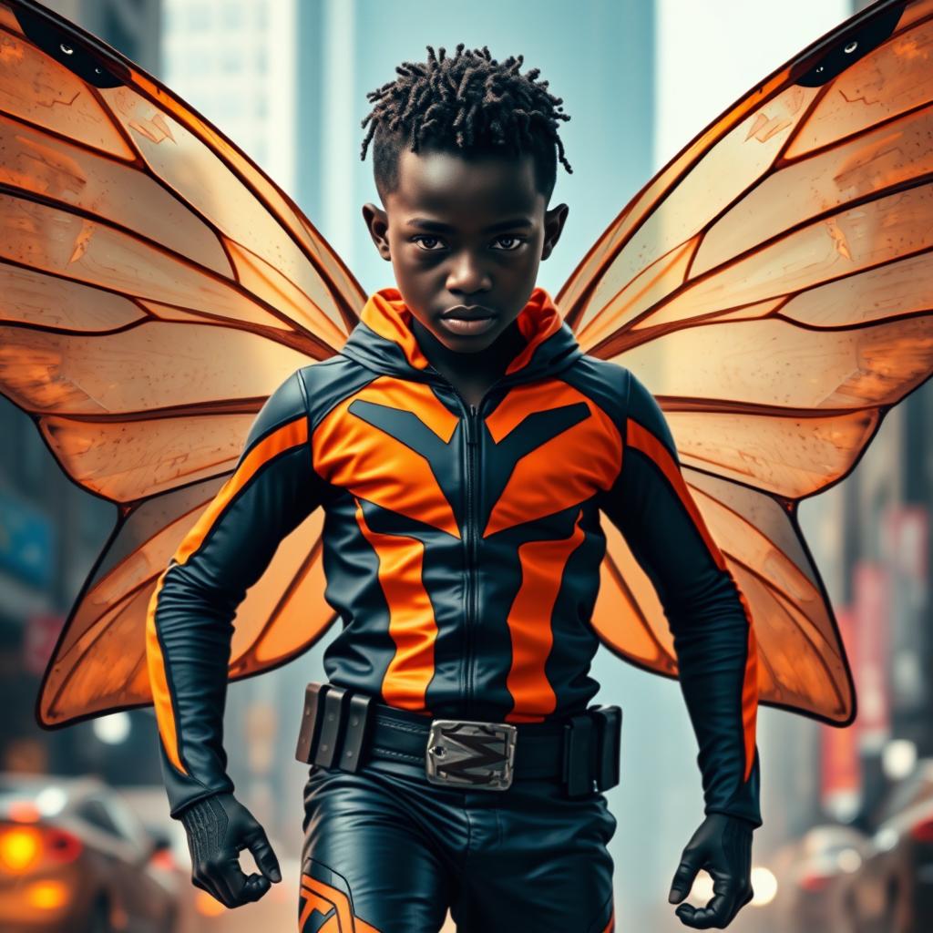 A cinematic superhero action movie poster featuring a 15-year-old African boy named Dannis, depicted as a mutant superhero