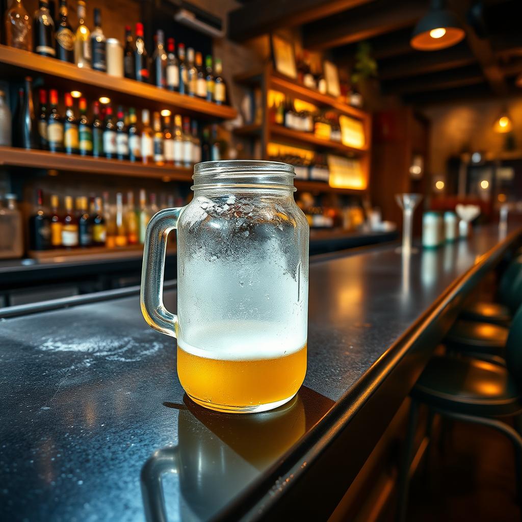 A black bar counter with a frosty jar of beer resting on it, in a lively bar setting