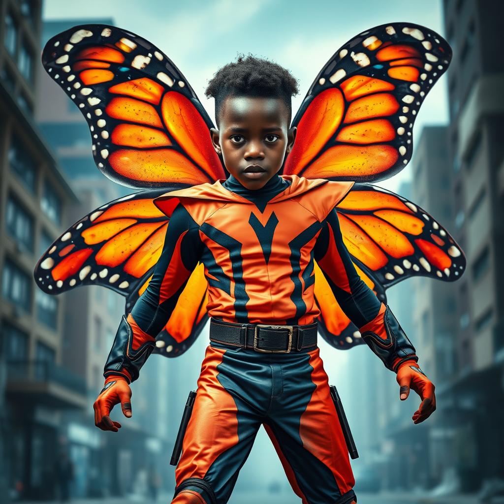 A cinematic superhero action movie poster featuring a 15-year-old African American boy named Dannis, depicted as a mutant superhero with extraordinary butterfly powers
