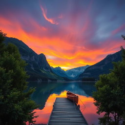 A serene landscape at sunset, featuring a tranquil lake surrounded by majestic mountains