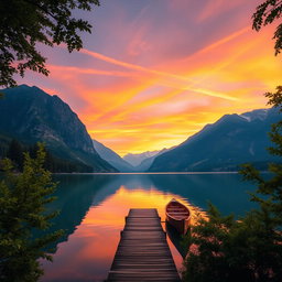 A serene landscape at sunset, featuring a tranquil lake surrounded by majestic mountains