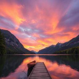 A serene landscape at sunset, featuring a tranquil lake surrounded by majestic mountains