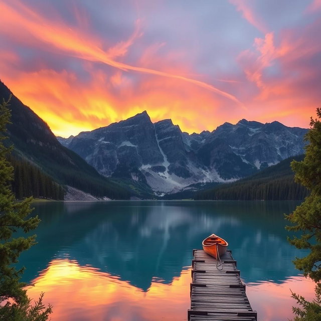 A serene landscape at sunset, featuring a tranquil lake surrounded by majestic mountains