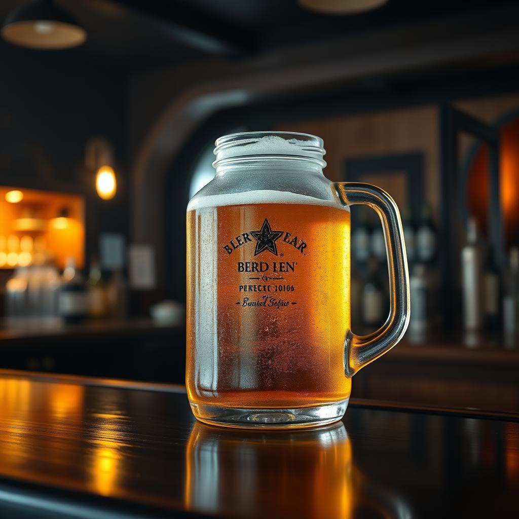 A sleek black bar with a frosty glass jug of beer sitting atop it, surrounded by a cozy, atmospheric background typical of a bar scene, featuring warm dim lights and wooden elements