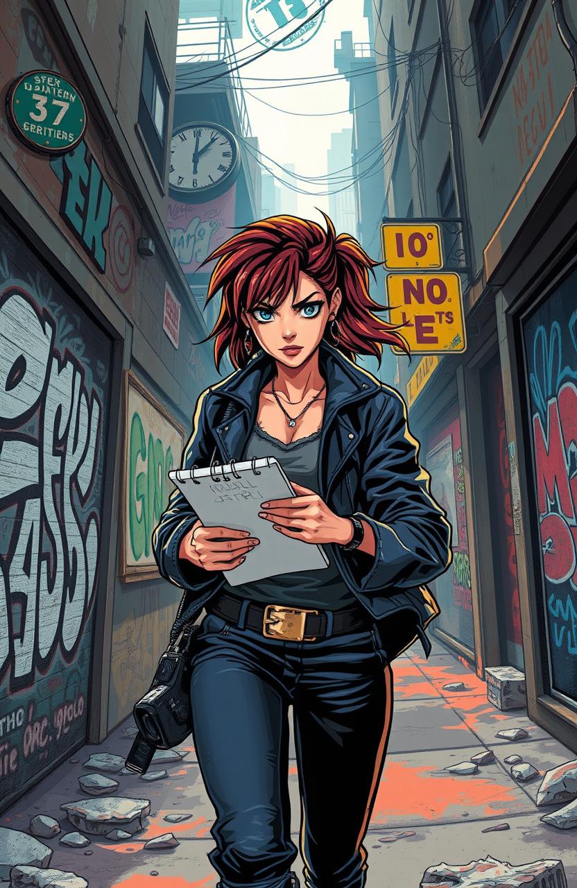 A dynamic 90's setting featuring a fierce, determined journalist girl with a stylish 90's outfit, navigating a gritty urban landscape filled with signs of gang rivalry and action
