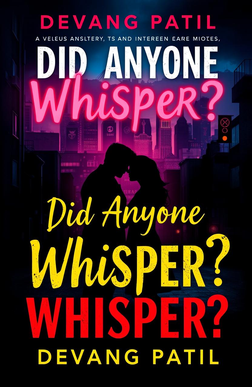 A captivating book cover for a thrilling novel titled 'Did Anyone Whisper?' by Devang Patil, featuring elements of mystery, romantic intrigue, and intense gang wars
