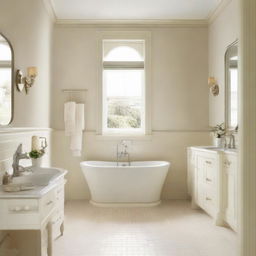 A bathroom with a light color scheme, featuring cream interiors, from the tiles to the fixtures.