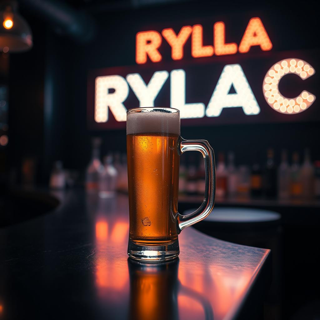 A close-up of a sleek black bar counter with a tall frosty beer mug positioned elegantly on it, surrounded by a dimly lit bar atmosphere