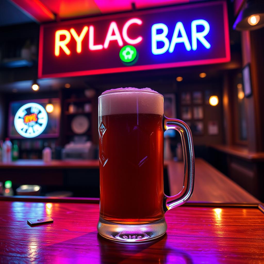 A black bar with a frosty mug of beer on it, set against a lively background of a cozy bar