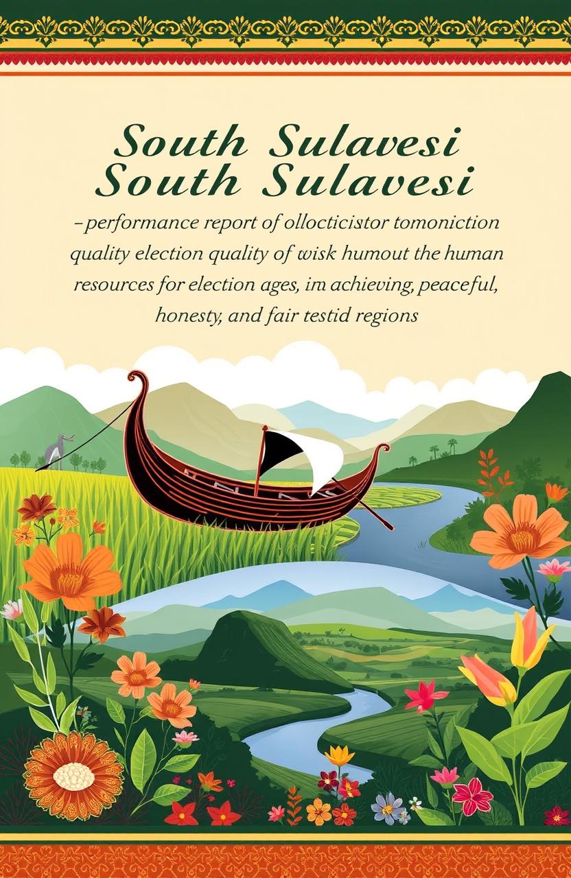A book cover design themed around the performance report of election monitoring supervisors in improving the quality of human resources for election oversight, aimed at achieving peaceful, honest, and fair regional elections