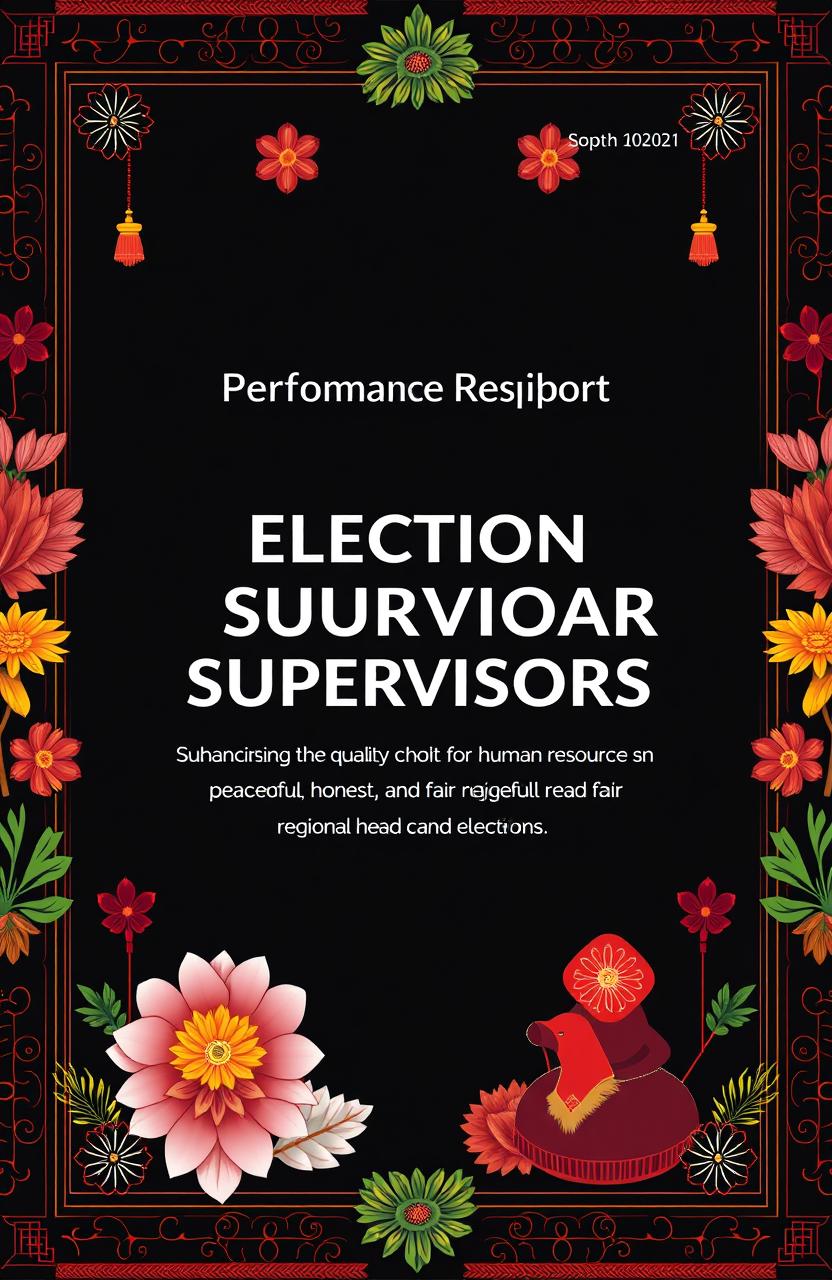 A sleek and vibrant cover design for a performance report on election supervisors in South Sulawesi, aimed at enhancing the quality of human resources for peaceful, honest, and fair regional head elections