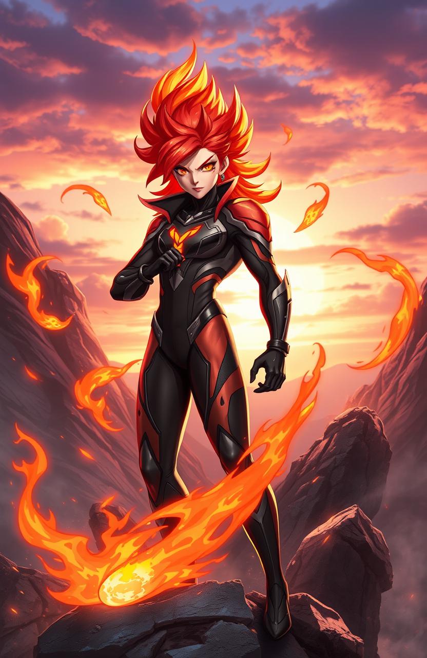 A striking digital artwork featuring a powerful and fearless character named Inferno, with fiery red and orange hair, standing confidently on a rocky terrain