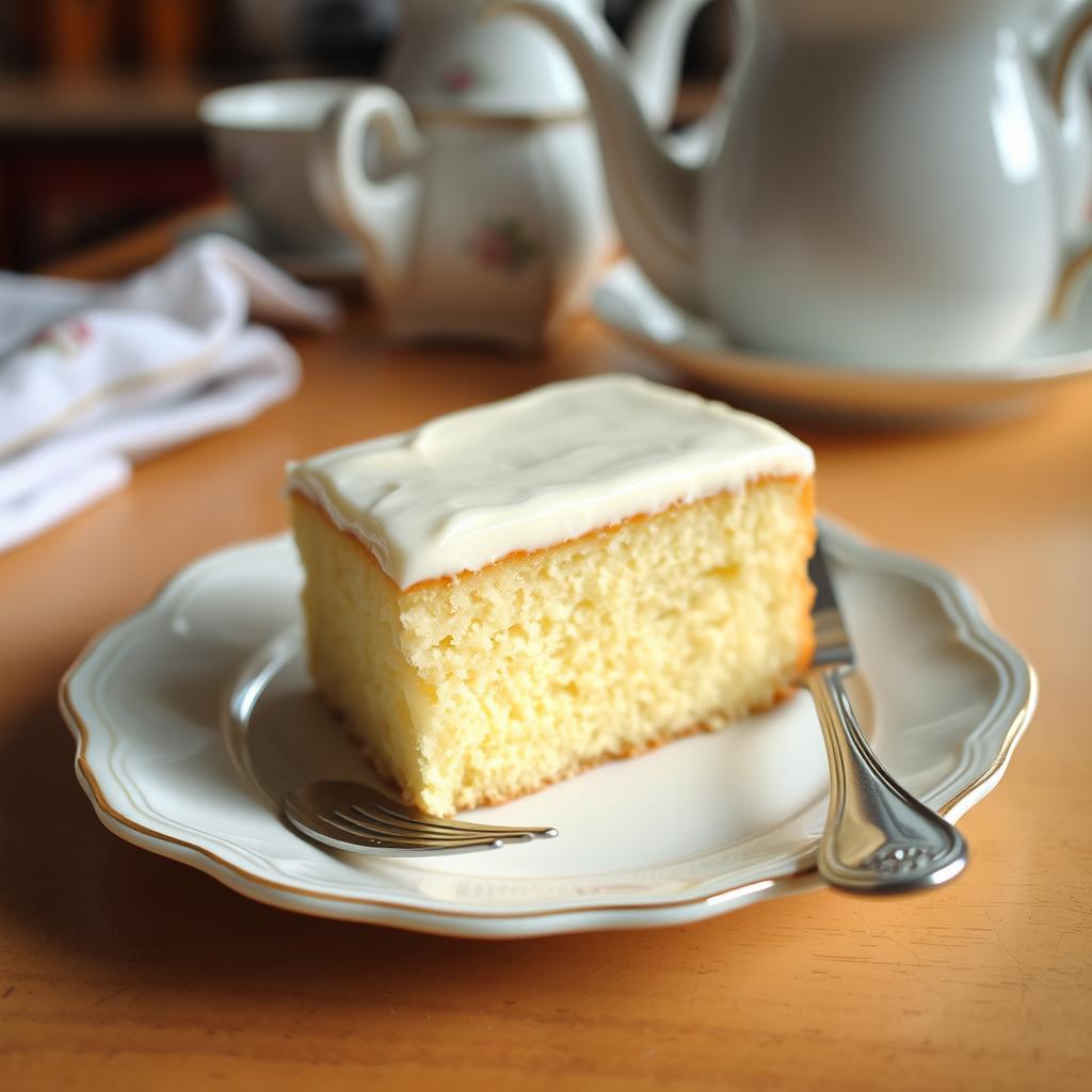 A beautifully presented slice of vanilla cake on a delicate porcelain plate, with a silver fork elegantly placed beside it