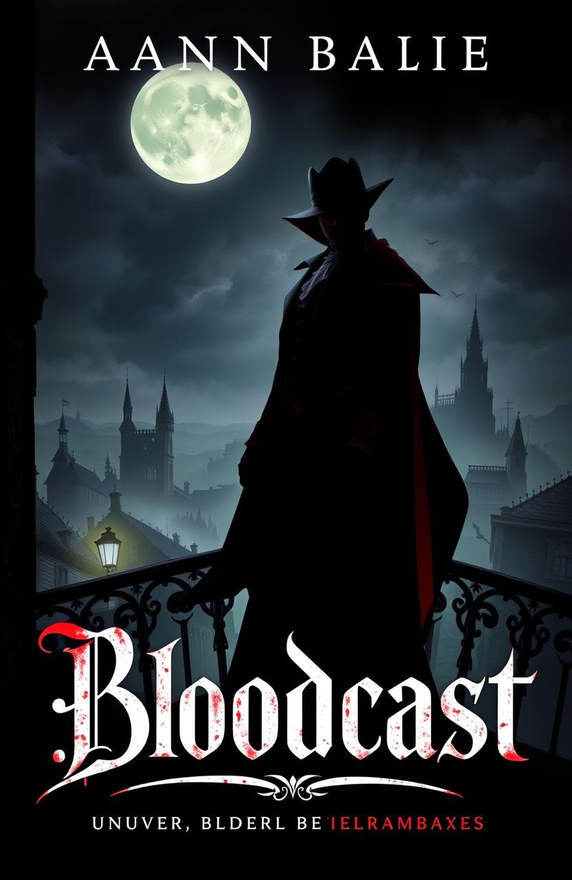 A dark, atmospheric book cover for 'Bloodcast', featuring an imposing silhouette of a vampire standing on a gothic castle balcony overlooking a moonlit landscape