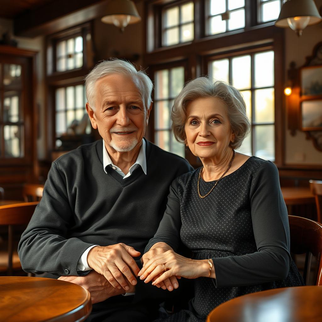 An older couple in a cozy, vintage café setting, with a warm, inviting atmosphere