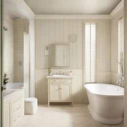 A bathroom with a light color scheme, featuring cream interiors, from the tiles to the fixtures.