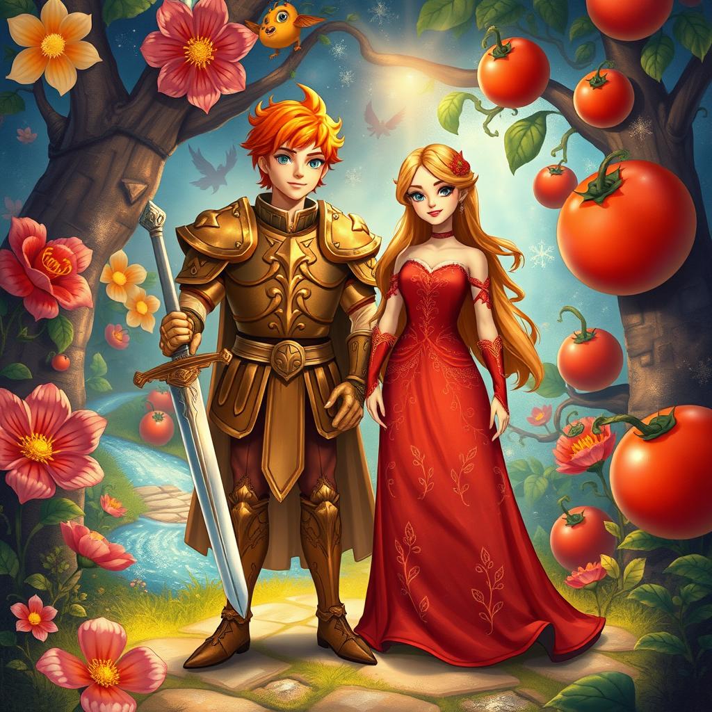 In a captivating fantasy scene, Prince Ginger, with his warm, auburn hair and intricately designed armor that resembles ginger roots, holds a shining sword at his side