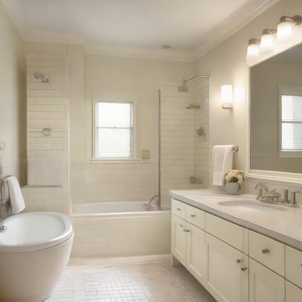 A bathroom with a light color scheme, featuring cream interiors, from the tiles to the fixtures.