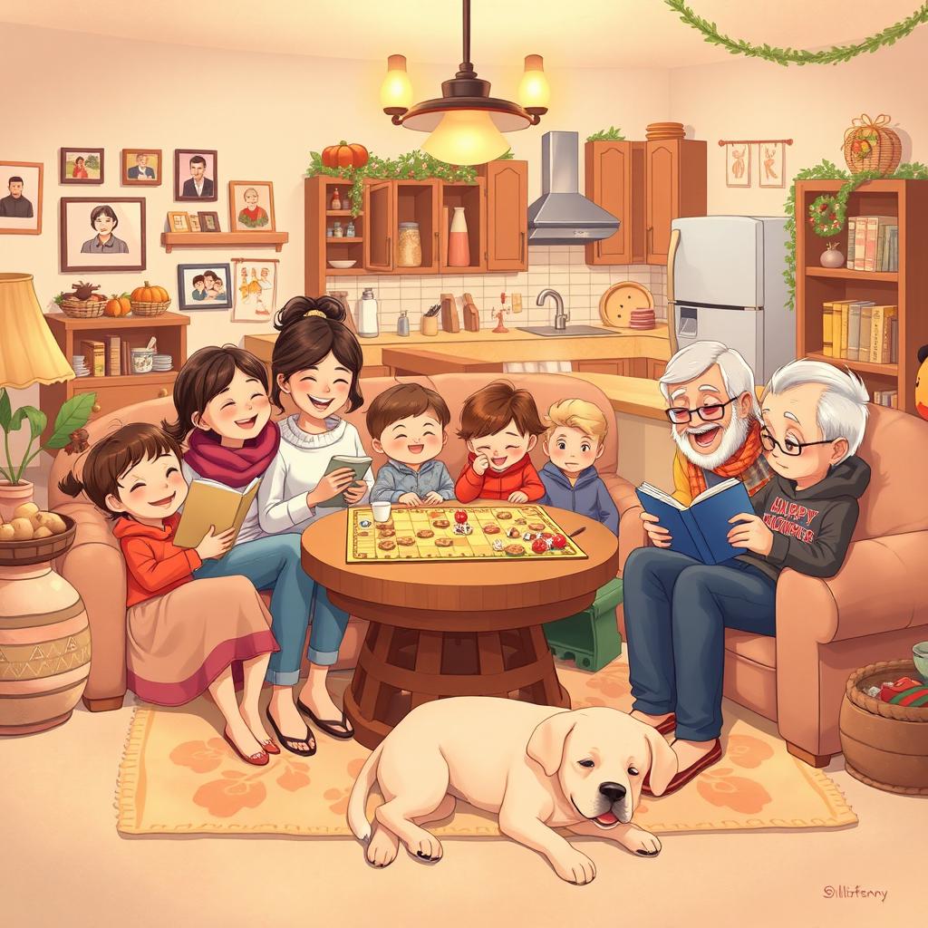 A warm and heartfelt illustration depicting a joyful family gathering in a cozy living room setting