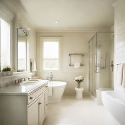 A bathroom with a light color scheme, featuring cream interiors, from the tiles to the fixtures.