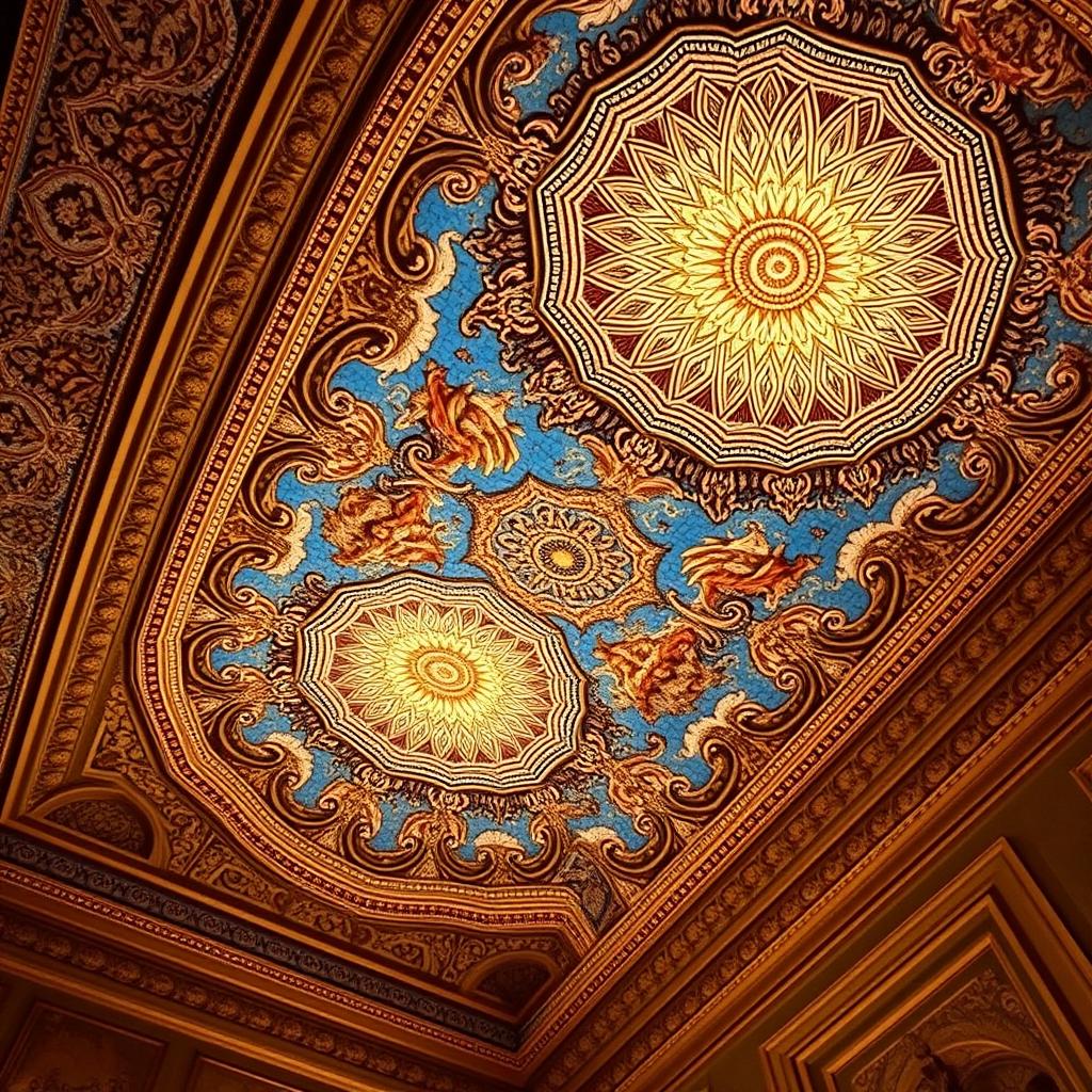 A stunning Persepolis-inspired ceiling featuring intricate mosaic work reminiscent of ancient Persian architecture