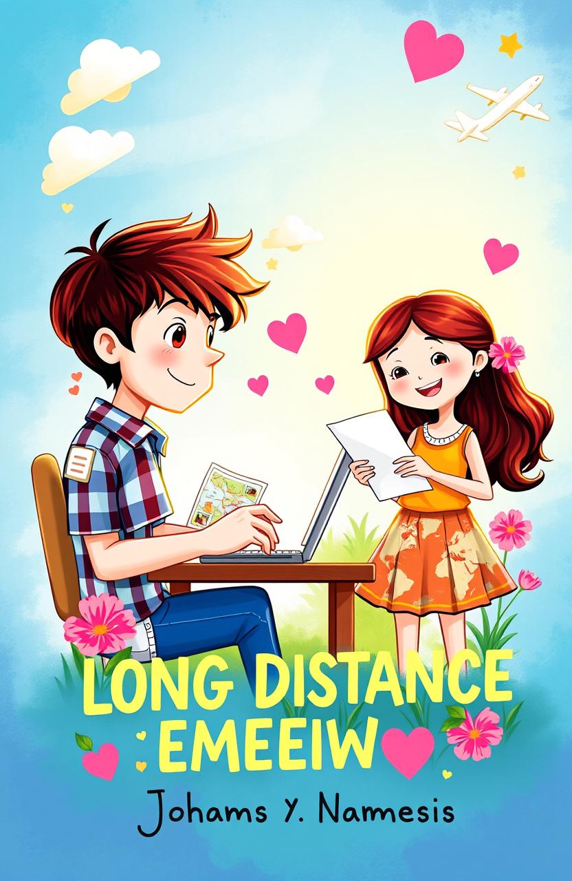 A vibrant and whimsical book cover featuring a boy and a girl in a long distance relationship