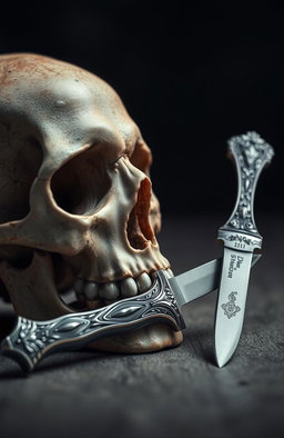 A striking still life composition featuring a detailed human skull and an ornate knife placed next to it