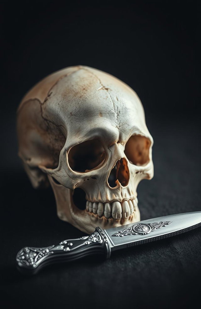 A striking still life composition featuring a detailed human skull and an ornate knife placed next to it