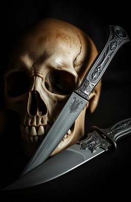 A striking still life composition featuring a detailed human skull and an ornate knife placed next to it