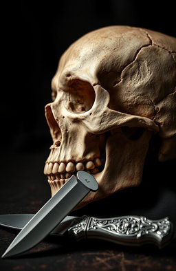 A striking still life composition featuring a detailed human skull and an ornate knife placed next to it
